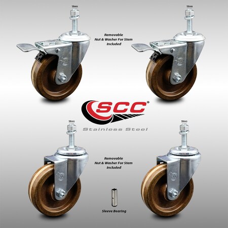 Service Caster 4 Inch SS High Temp Phenolic 10mm Stem Caster Total Lock Brake SCC, 2PK SCC-SSTSTTL20S414-PHSHT-M1015-2-S-2
